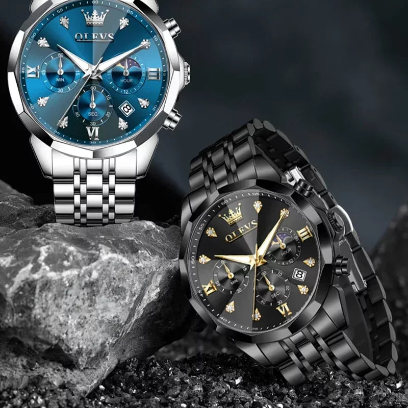OLEVS men's watch with black dial, waterproof design, and stylish fashion appearance, showcasing the OL3670 model.
