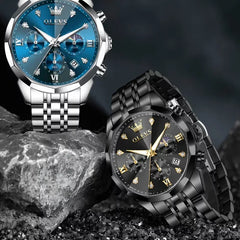 OLEVS men's watch with black dial, waterproof design, and stylish fashion appearance, showcasing the OL3670 model.