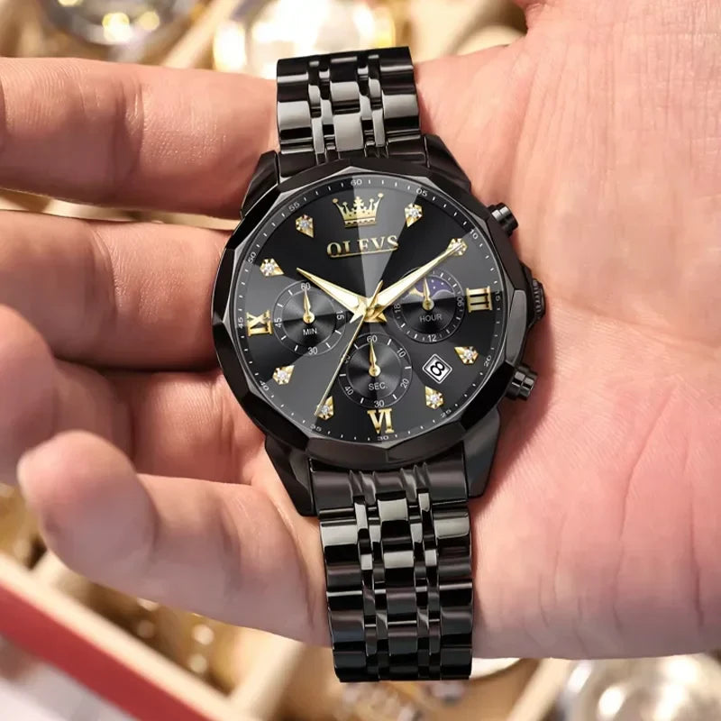 OLEVS 3670 men's waterproof watch with black dial, stylish fashion design, and durable build for everyday wear.