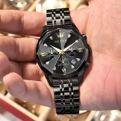 OLEVS 3670 men's waterproof watch with black dial, stylish fashion design, and durable build for everyday wear.
