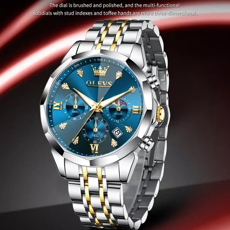 OLEVS men's watch with blue dial, waterproof design, and stylish fashion look, showcasing the OL3670 model.