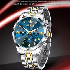 OLEVS men's watch with blue dial, waterproof design, and stylish fashion look, showcasing the OL3670 model.
