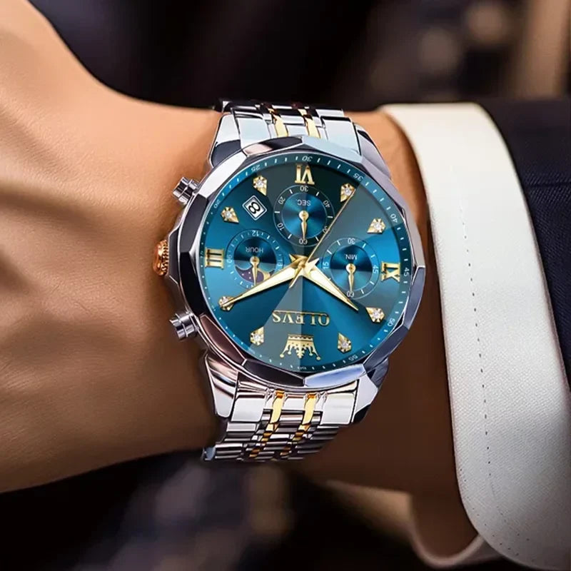 OLEVS men's watch with blue dial, waterproof fashion timepiece featuring a sleek design and stainless steel band.