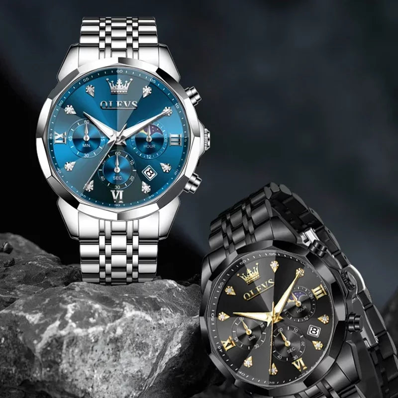 OLEVS 3670 men's waterproof watch with a blue dial, featuring a sleek design and durable strap.