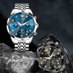 OLEVS 3670 men's waterproof watch with a blue dial, featuring a sleek design and durable strap.