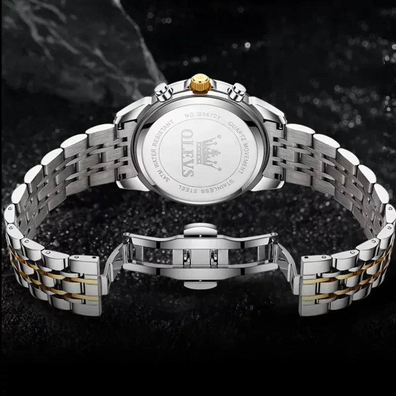 OLEVS 3670 men's waterproof watch with a blue dial, black strap, and stylish design, ideal for fashion and everyday wear.