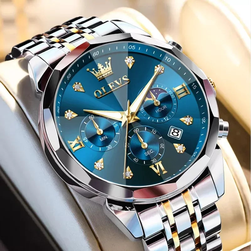 OLEVS men's waterproof watch with blue dial, stylish fashion design, features a round face and metal strap.