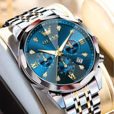 OLEVS men's waterproof watch with blue dial, stylish fashion design, features a round face and metal strap.