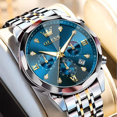 OLEVS men's waterproof watch with blue dial, stylish fashion design, features a round face and metal strap.