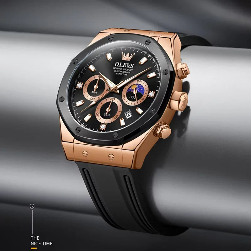 OLEVS 9911 men's sport quartz watch with round dial, black silicone band, featuring moon phase design and sporty style.