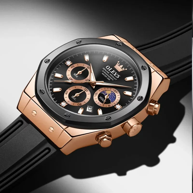 OLEVS 9911 men's sport quartz watch with round dial, black silicone strap, and moon phase design on wristwatch.