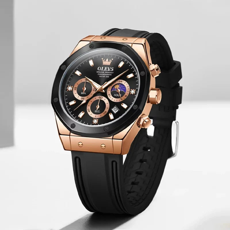 OLEVS 9911 men's sport quartz watch with round dial, black silicone band, and moon design, ideal for active wear.