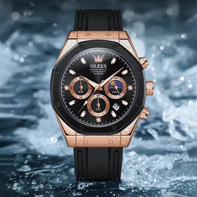 OLEVS 9911 men's sport quartz wristwatch with round dial, silicone band, black and brown color, featuring moon phase design