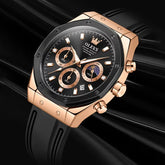 OLEVS 9911 men's sport quartz wristwatch with round dial, black and brown silicone band, featuring moon design.