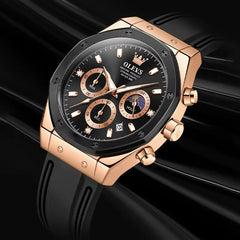 OLEVS 9911 men's sport quartz wristwatch with round dial, black and brown silicone band, featuring moon design.