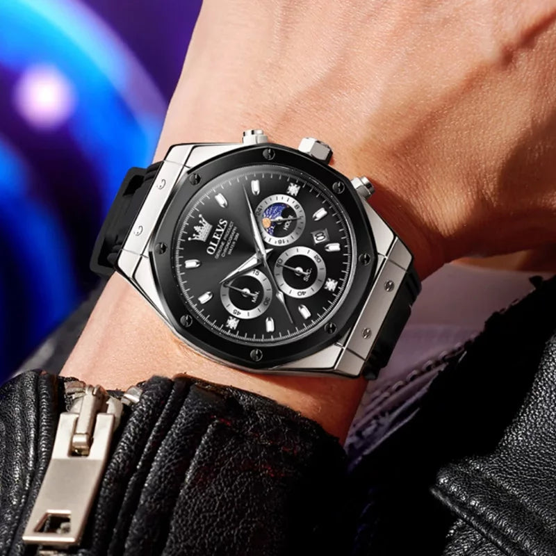 OLEVS men's sport quartz watch with round black dial and silver accents, featuring a black silicone band.