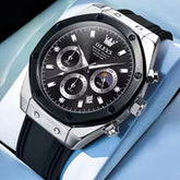 OLEVS 9911 men's sport quartz watch with round dial, black and silver silicone band, stylish and durable for active wear