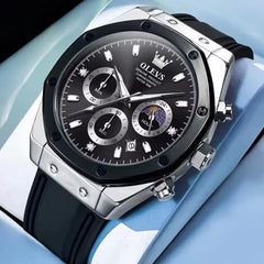 OLEVS 9911 men's sport quartz watch with round dial, black and silver silicone band, stylish and durable for active wear