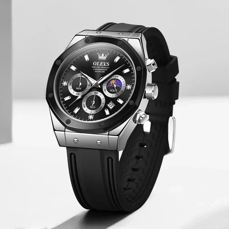 OLEVS 9911 men's sport quartz watch with round dial, black and silver silicone band, stylish and durable for active wear.