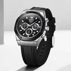 OLEVS 9911 men's sport quartz watch with round dial, black and silver silicone band, stylish and durable for active wear.