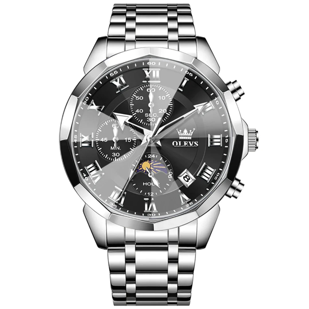 OLEVS 3675 men's luxury quartz watch with black dial and stainless steel band, stylish men's wristwatch by OLEVS.