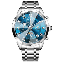 OLEVS 3675 men's luxury quartz watch with a blue dial and stainless steel band, stylish men's wristwatch by OLEVS