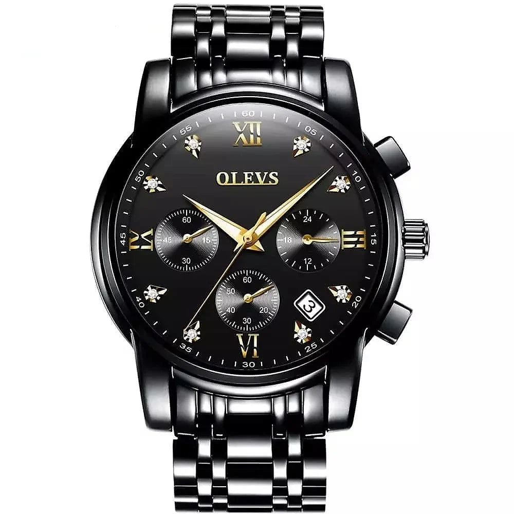 OLEVS men's blue dial quartz watch with chronograph and luminous features, stylish men's wristwatch from OLEVS.