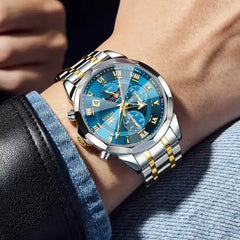 Olevs 5563 men's blue watch with round dial, stainless steel case, and black leather strap, displayed on a white background.