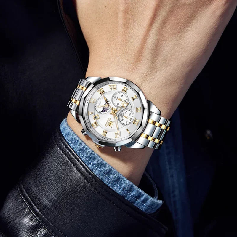 OLEVS 3675 men's luxury quartz watch with a sleek design and stainless steel band, showcasing the stylish men's watch from OLEVS.