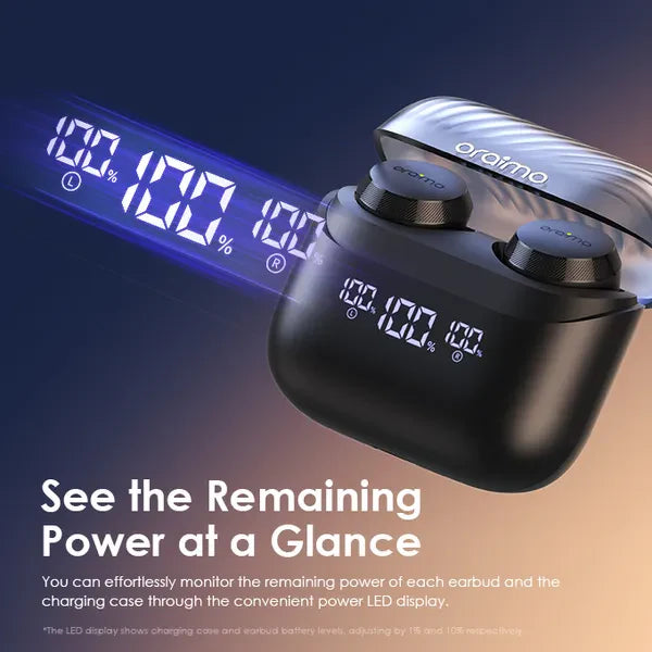 Oraimo AirBuds 4 ENC true wireless earbuds shown with charging case and sleek black design.