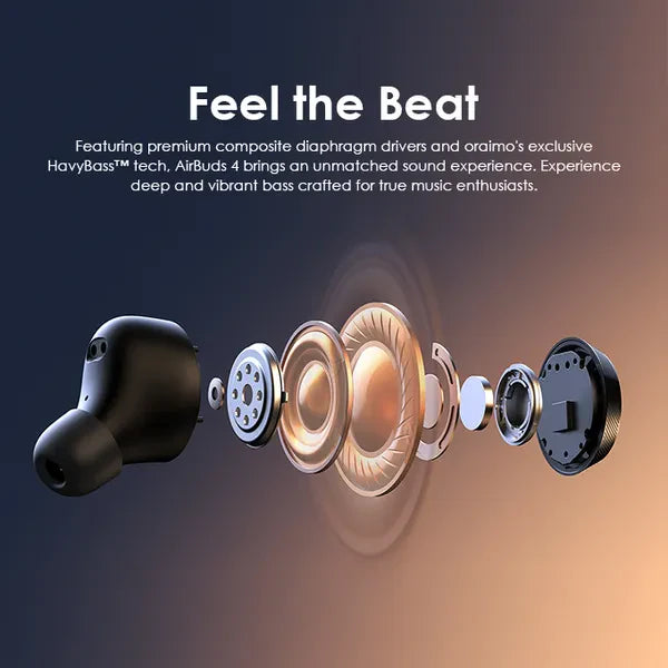 Oraimo AirBuds 4 ENC true wireless earbuds in white with charging case, compact design, and in-ear fit.
