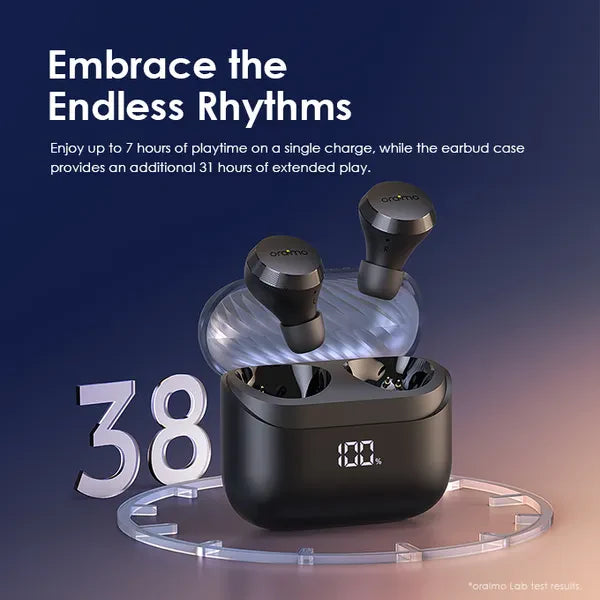 Oraimo AirBuds 4 ENC true wireless earbuds with charging case, sleek design, and in-ear fit for high-quality audio.