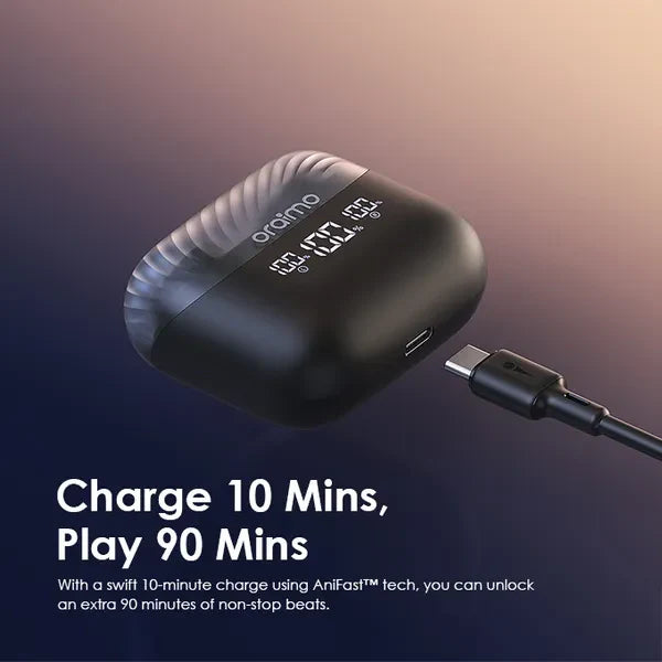 Oraimo AirBuds 4 ENC true wireless earbuds in charging case, sleek design with earbuds visible, lightweight and modern style.