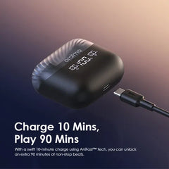 Oraimo AirBuds 4 ENC true wireless earbuds in charging case, sleek design with earbuds visible, lightweight and modern style.