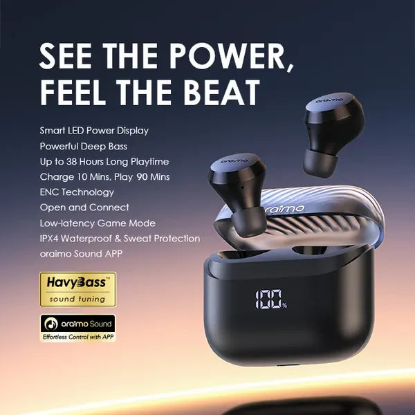Oraimo AirBuds 4 ENC true wireless earbuds with charging case shown in the image, featuring sleek design and compact size.