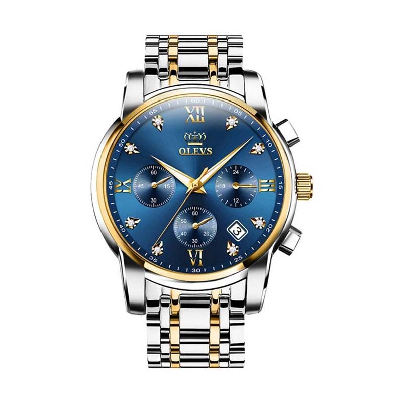 OLEVS 2858 men's blue dial quartz watch showing a sleek blue face and silver case, stylish and modern men's wristwatch.