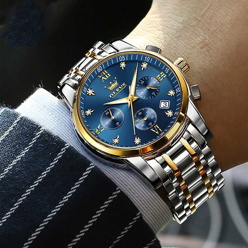 OLEVS 2858 men's blue dial quartz watch with stainless steel band, stylish and functional timepiece for men.