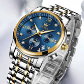 OLEVS 2858 men's blue dial quartz watch, stylish timepiece with a sleek design and stainless steel band.