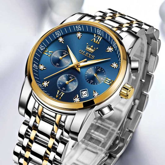 OLEVS 2858 men's blue dial quartz watch, stylish timepiece with a sleek design and stainless steel band.