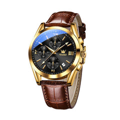 OLEVS 2872 men's classic leather quartz watch with round dial and leather strap, black color, stylish and elegant timepiece.