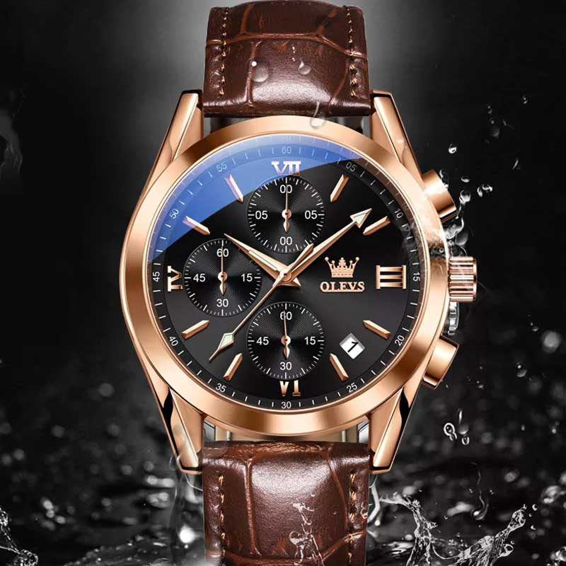 OLEVS 2872 men's leather quartz watch with round dial, black and brown leather band, classic design, and silver-tone case.