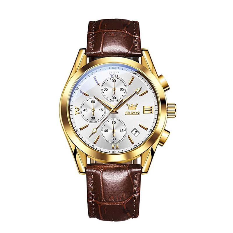 OLEVS 2872 men's leather quartz watch with a round white dial and gold accents, featuring a classic leather watchband.