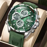 POEDAGAR E108 Men's Dual Display Leather Strap Watch
