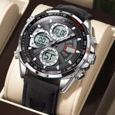 POEDAGAR E108 Men's Dual Display Leather Strap Watch