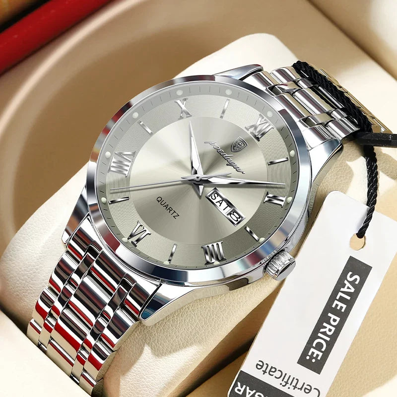 Poedagar 978 luxury men's quartz watch with a sleek silver dial and stainless steel band, elegant and sophisticated timepiece.