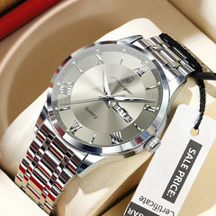 Poedagar 978 luxury men's quartz watch with a sleek silver dial and stainless steel band, elegant and sophisticated timepiece.