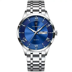 Poedagar 978 luxury men's watch with a blue dial and stainless steel band, showcasing elegant quartz design.