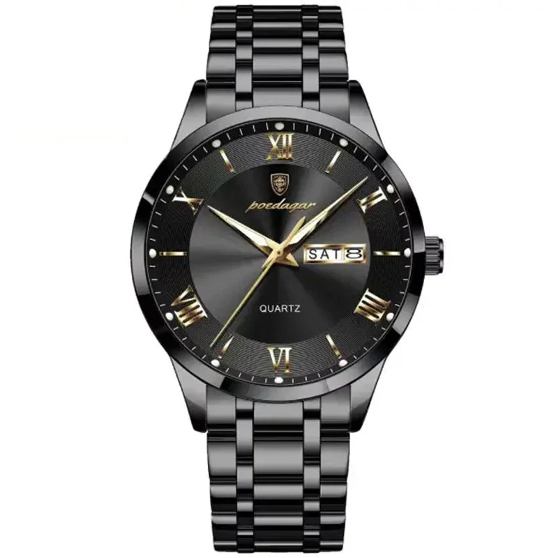 Poedagar 978 luxury men's quartz watch with black dial and stainless steel band, stylish and elegant timepiece for men.