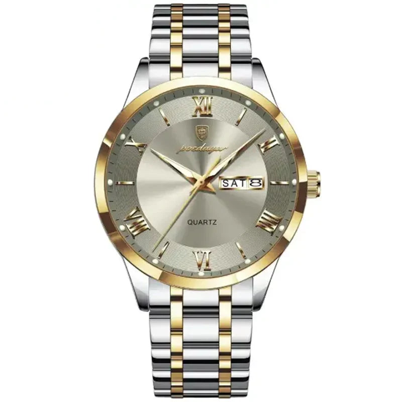 Poedagar 978 luxury men's quartz watch with a gold and silver-tone dial and band, stylish and elegant men's wristwatch.