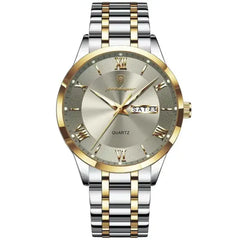 Poedagar 978 luxury men's quartz watch with a gold and silver-tone dial and band, stylish and elegant men's wristwatch.